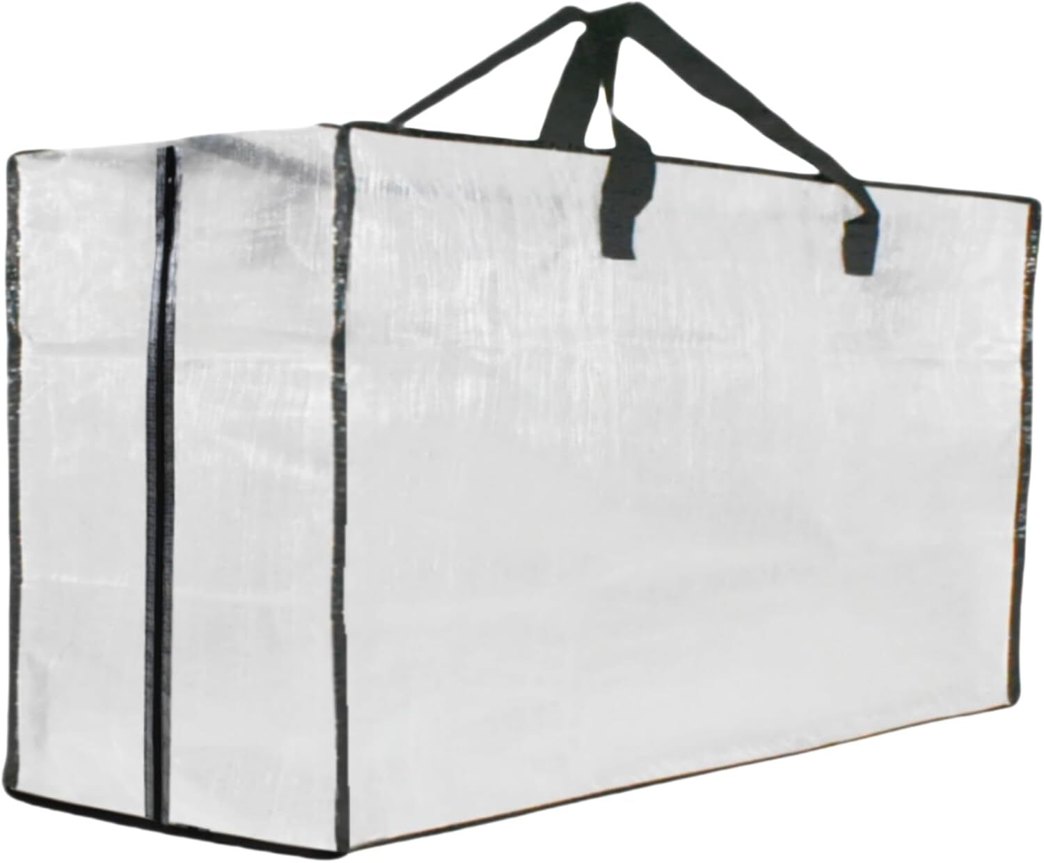 a clear moving bag: white woven plastic you can see through, edged in black, zipped along the top and down one end, with two black carry straps