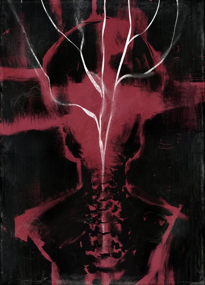 Shivers, from Disco Elysium: a spine seen from behind in crimson and black, nerves running up out of it like white lightning.